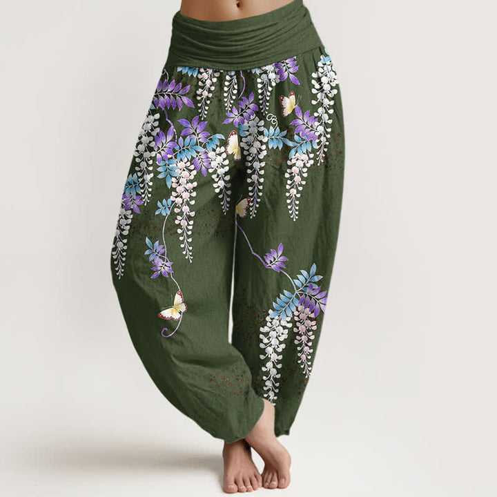 Buddha Stones Pantalones harem de mujer con cintura elástica y estampado de mariposas y glicinias, de algodón puro. - Verde oliva oscuro - US16，UK/AU20，EU48 (3XL) - image 8