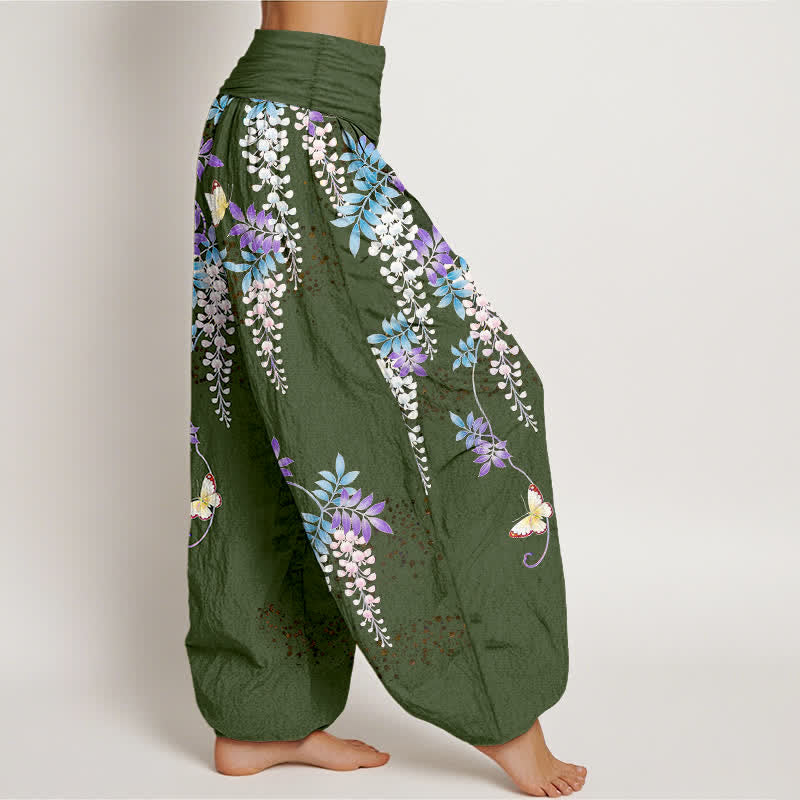 Buddha Stones Pantalones harem de mujer con cintura elástica y estampado de mariposas y glicinias, de algodón puro. - image 10
