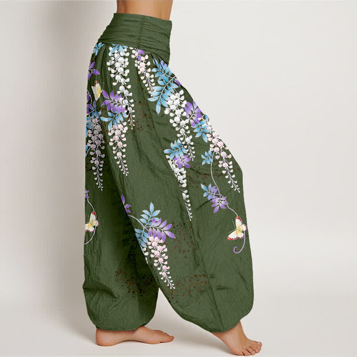 Buddha Stones Pantalones harem de mujer con cintura elástica y estampado de mariposas y glicinias, de algodón puro. - image 10