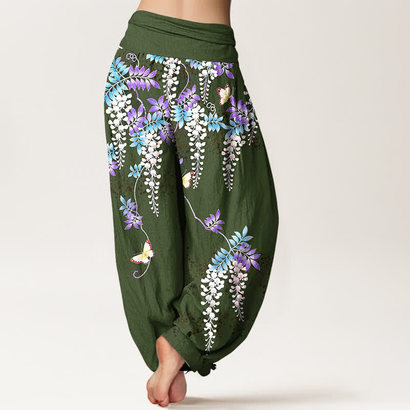 Buddha Stones Pantalones harem de mujer con cintura elástica y estampado de mariposas y glicinias, de algodón puro. - image 9