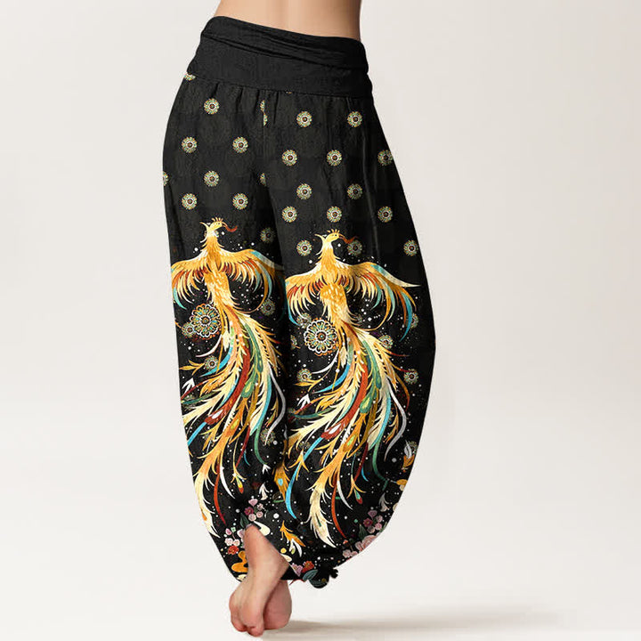 Buddha Stones Pantalones harem de mujer con cintura elástica y estampado de fénix dorado de algodón - image 1