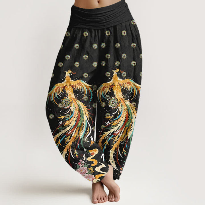 Buddha Stones Pantalones harem de mujer con cintura elástica y estampado de fénix dorado de algodón - Negro - US16，UK/AU20，EU48 (3XL) - image 0