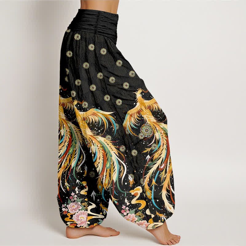 Buddha Stones Pantalones harem de mujer con cintura elástica y estampado de fénix dorado de algodón - image 2