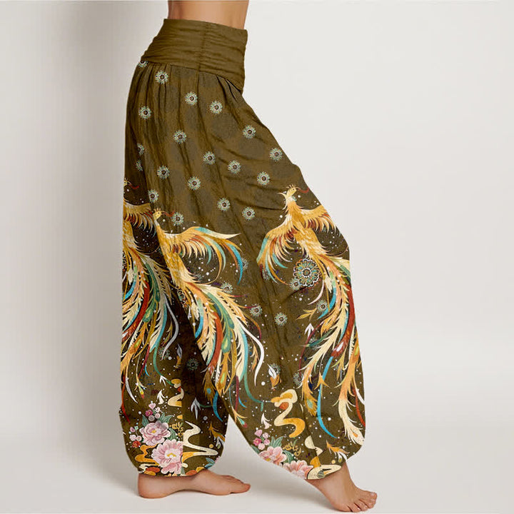 Buddha Stones Pantalones harem de mujer con cintura elástica y estampado de fénix dorado de algodón - image 7