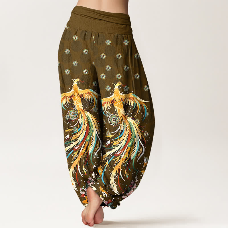 Buddha Stones Pantalones harem de mujer con cintura elástica y estampado de fénix dorado de algodón - image 6