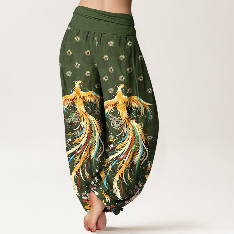 Buddha Stones Pantalones harem de mujer con cintura elástica y estampado de fénix dorado de algodón - image 9