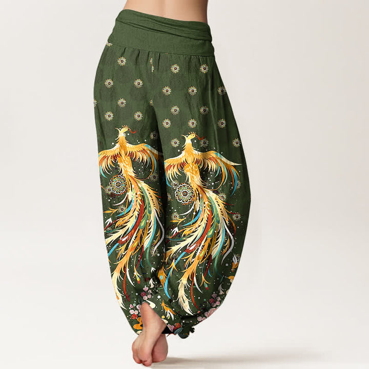 Buddha Stones Pantalones harem de mujer con cintura elástica y estampado de fénix dorado de algodón - image 9