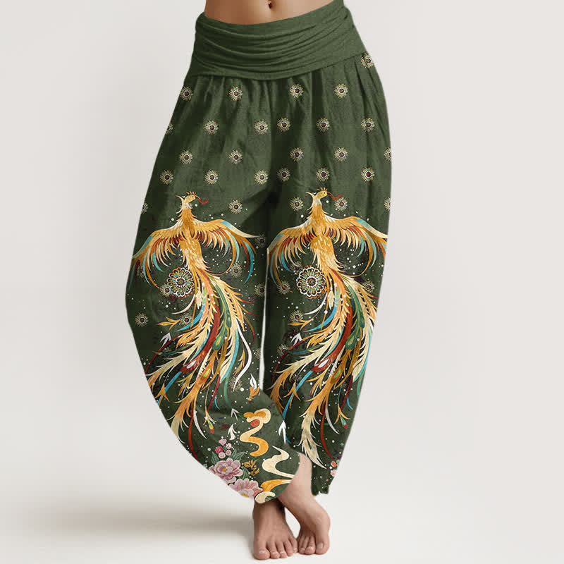Buddha Stones Pantalones harem de mujer con cintura elástica y estampado de fénix dorado de algodón - Verde oliva - US16，UK/AU20，EU48 (3XL) - image 8