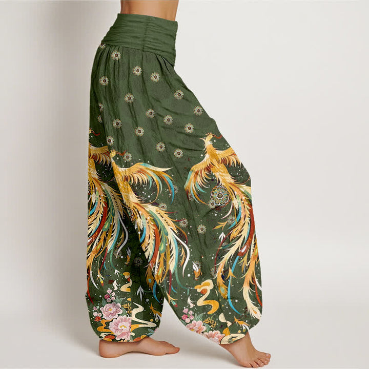 Buddha Stones Pantalones harem de mujer con cintura elástica y estampado de fénix dorado de algodón - image 10