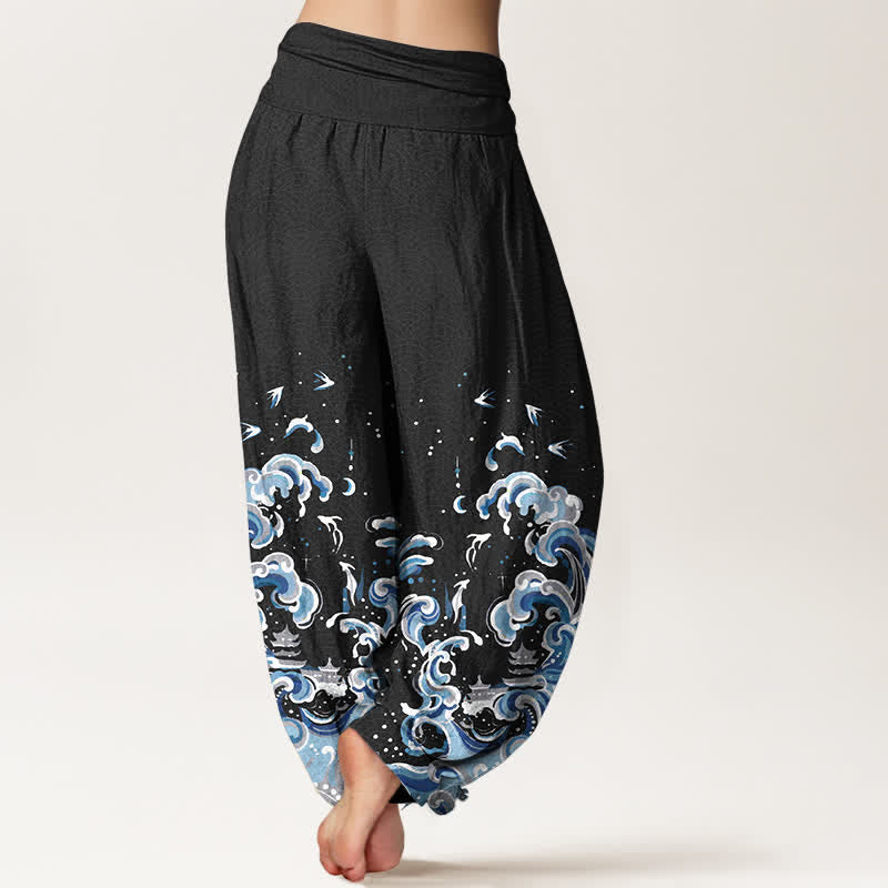 Buddha Stones Pantalones harem de algodón con estampado de olas azul océano y cintura elástica para mujer. - image 1
