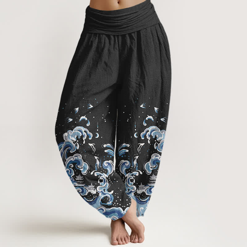 Buddha Stones Pantalones harem de algodón con estampado de olas azul océano y cintura elástica para mujer. - Negro - US16，UK/AU20，EU48 (3XL) - image 0