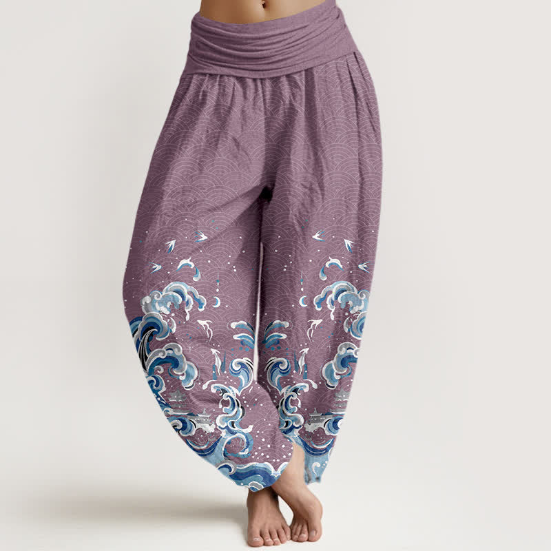 Buddha Stones Pantalones harem de algodón con estampado de olas azul océano y cintura elástica para mujer. - Ciruela - US16，UK/AU20，EU48 (3XL) - image 5