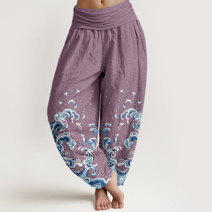 Buddha Stones Pantalones harem de algodón con estampado de olas azul océano y cintura elástica para mujer. - Ciruela - US16，UK/AU20，EU48 (3XL) - image 5