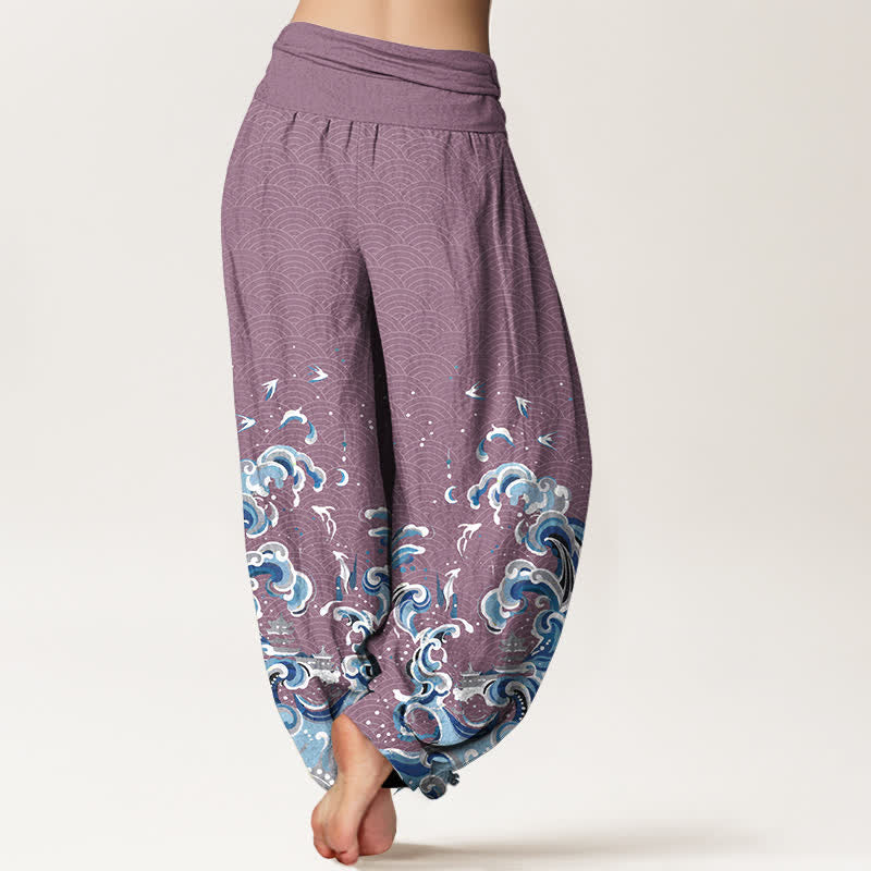 Buddha Stones Pantalones harem de algodón con estampado de olas azul océano y cintura elástica para mujer. - image 6