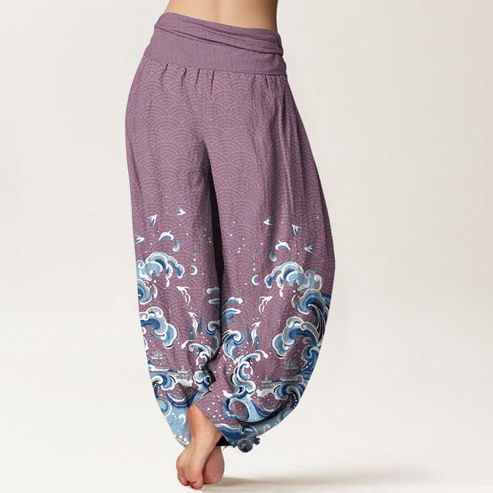 Buddha Stones Pantalones harem de algodón con estampado de olas azul océano y cintura elástica para mujer. - image 6