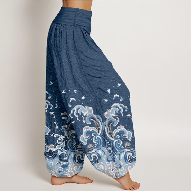 Buddha Stones Pantalones harem de algodón con estampado de olas azul océano y cintura elástica para mujer. - image 10
