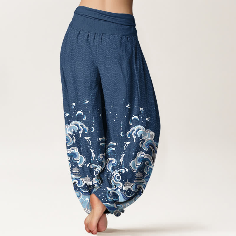 Buddha Stones Pantalones harem de algodón con estampado de olas azul océano y cintura elástica para mujer. - image 9