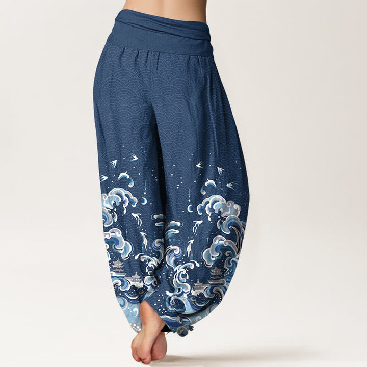 Buddha Stones Pantalones harem de algodón con estampado de olas azul océano y cintura elástica para mujer. - image 9