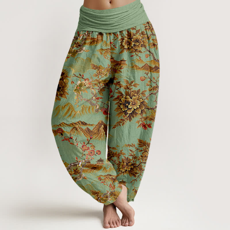 Buddha Stones Pantalones harem de algodón vintage con estampado floral en color marrón dorado oscuro para mujer, con cintura elástica. - Verde claro - US16，UK/AU20，EU48 (3XL) - image 0