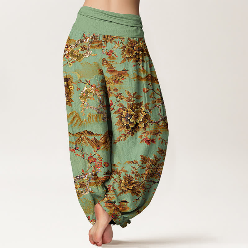 Buddha Stones Pantalones harem de algodón vintage con estampado floral en color marrón dorado oscuro para mujer, con cintura elástica. - image 1