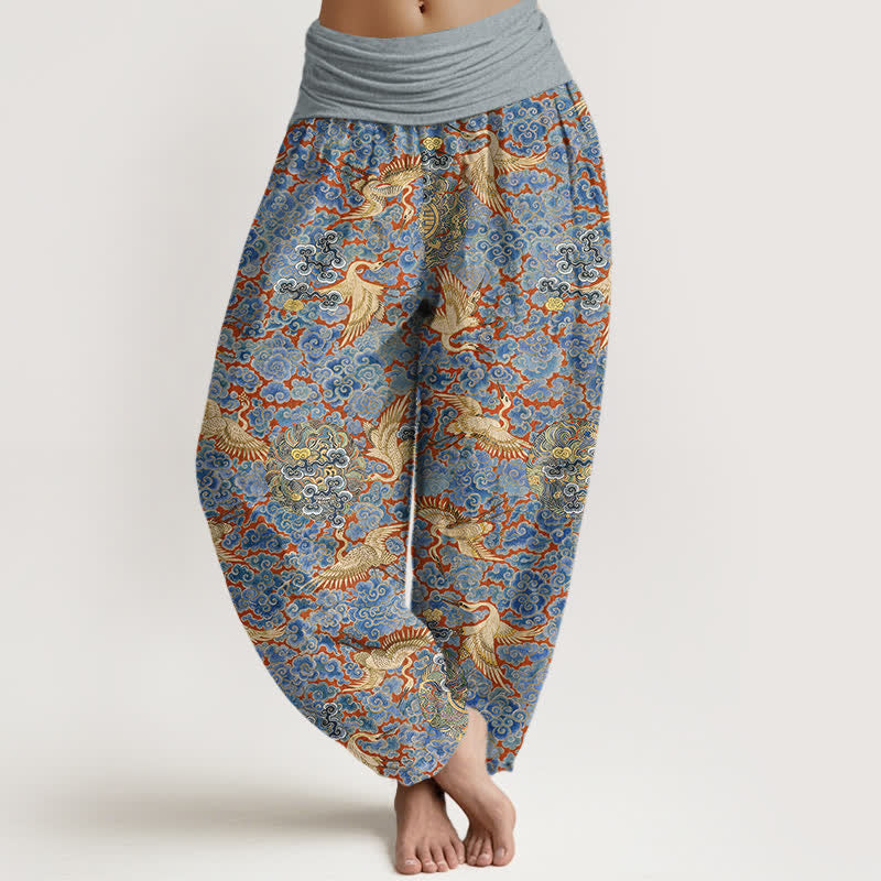 Buddha Stones Pantalones harem de mujer con cintura elástica y estampado floral de nubes auspiciosas y grullas de algodón. - Celeste - US16，UK/AU20，EU48 (3XL) - image 0