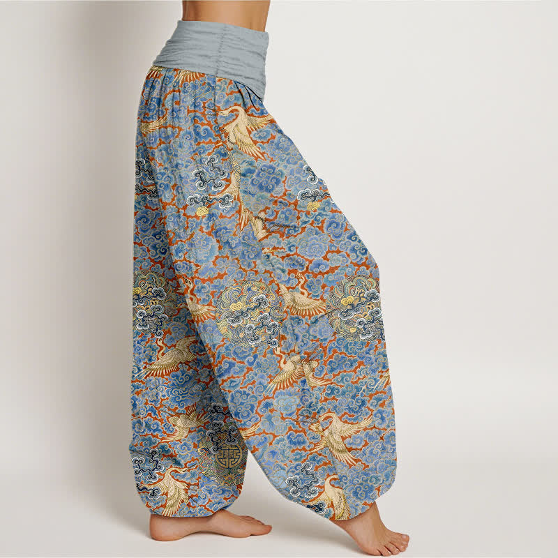 Buddha Stones Pantalones harem de mujer con cintura elástica y estampado floral de nubes auspiciosas y grullas de algodón. - image 2