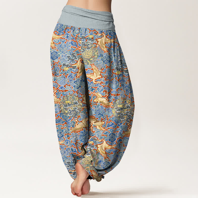 Buddha Stones Pantalones harem de mujer con cintura elástica y estampado floral de nubes auspiciosas y grullas de algodón. - image 1