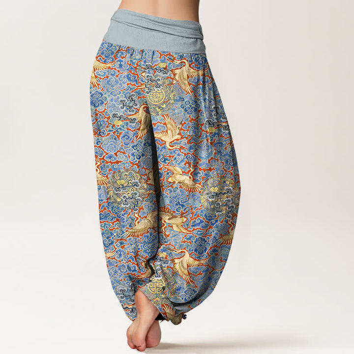 Buddha Stones Pantalones harem de mujer con cintura elástica y estampado floral de nubes auspiciosas y grullas de algodón. - image 1