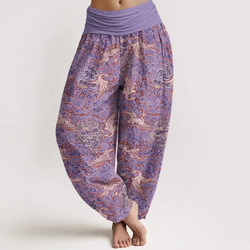 Buddha Stones Pantalones harem de mujer con cintura elástica y estampado floral de nubes auspiciosas y grullas de algodón. - Orquídea mediana - US16，UK/AU20，EU48 (3XL) - image 5