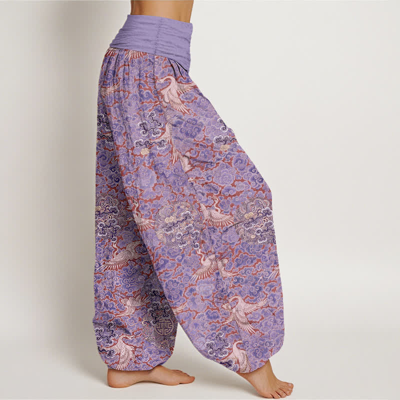 Buddha Stones Pantalones harem de mujer con cintura elástica y estampado floral de nubes auspiciosas y grullas de algodón. - image 7