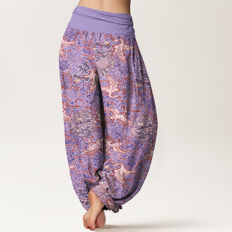 Buddha Stones Pantalones harem de mujer con cintura elástica y estampado floral de nubes auspiciosas y grullas de algodón. - image 6
