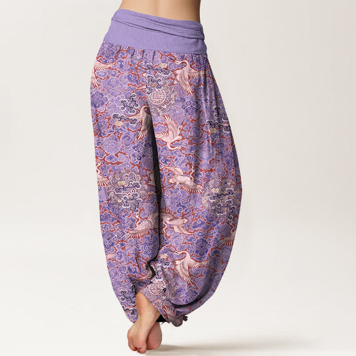 Buddha Stones Pantalones harem de mujer con cintura elástica y estampado floral de nubes auspiciosas y grullas de algodón. - image 6
