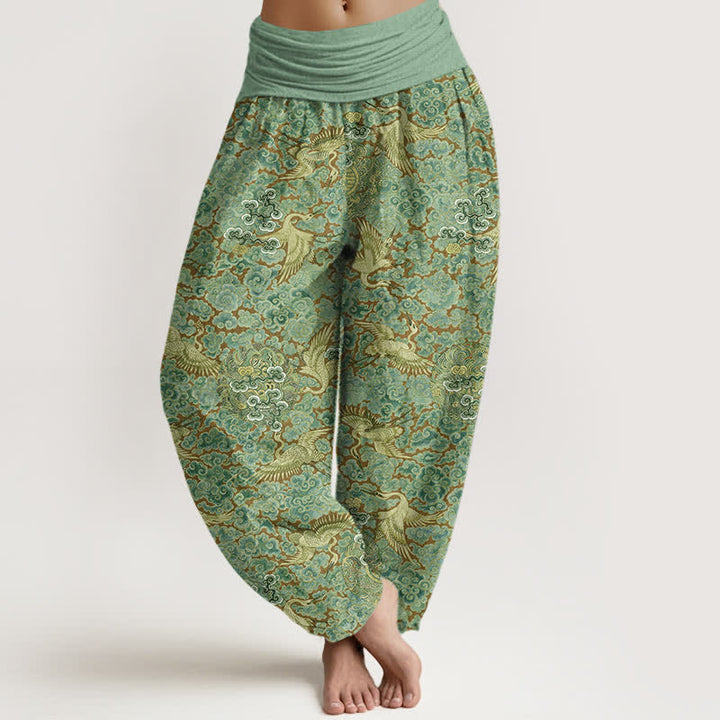 Buddha Stones Pantalones harem de mujer con cintura elástica y estampado floral de nubes auspiciosas y grullas de algodón. - Verde claro - US16，UK/AU20，EU48 (3XL) - image 8