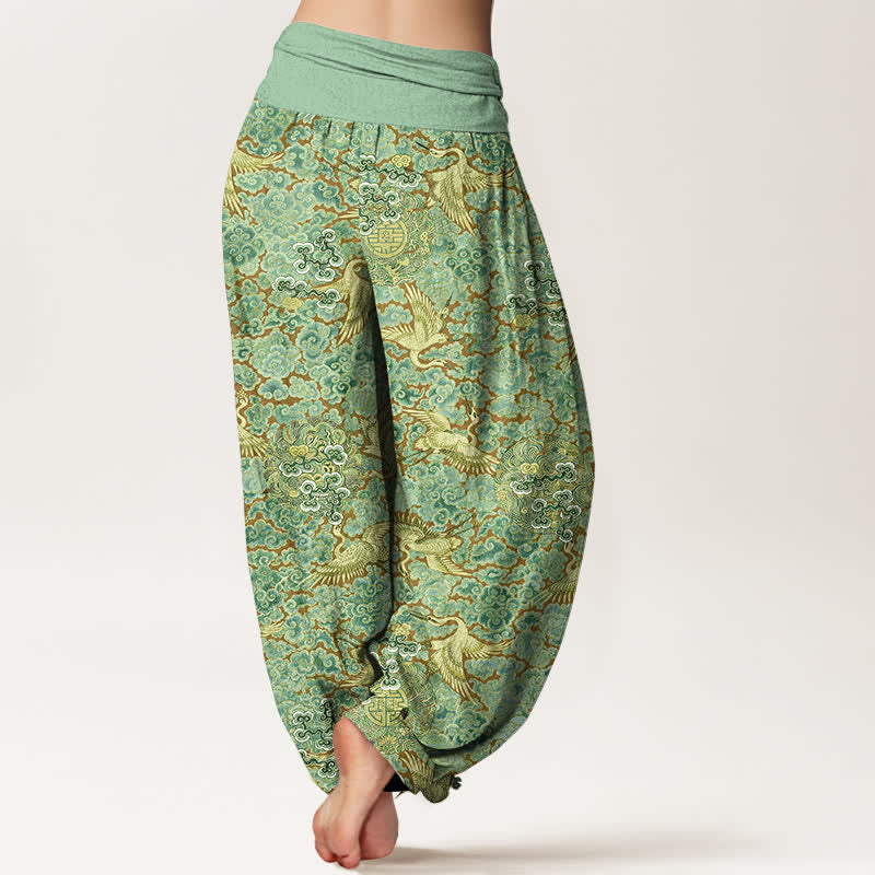 Buddha Stones Pantalones harem de mujer con cintura elástica y estampado floral de nubes auspiciosas y grullas de algodón. - image 9