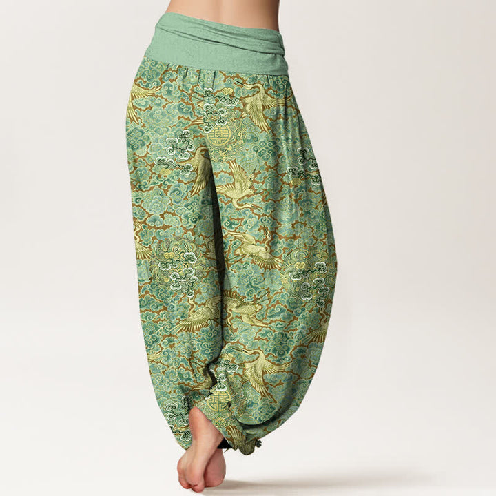 Buddha Stones Pantalones harem de mujer con cintura elástica y estampado floral de nubes auspiciosas y grullas de algodón. - image 9