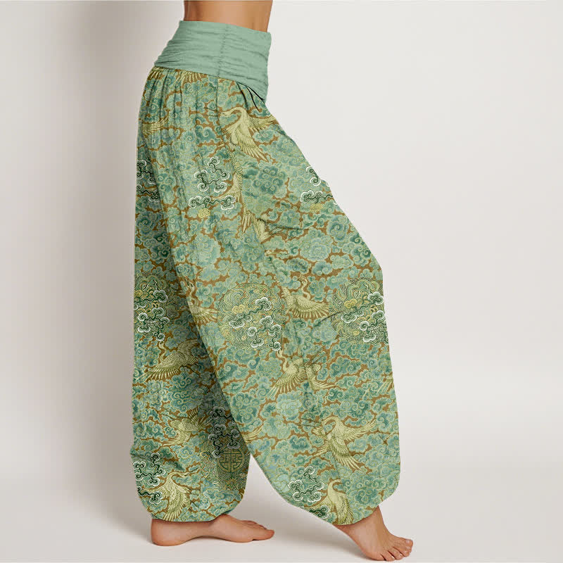Buddha Stones Pantalones harem de mujer con cintura elástica y estampado floral de nubes auspiciosas y grullas de algodón. - image 10
