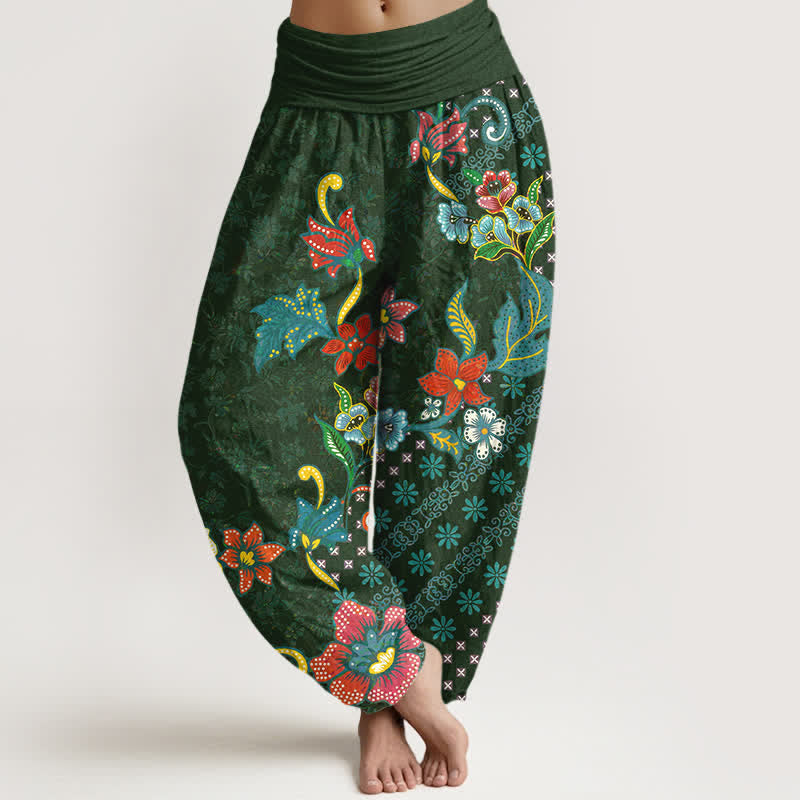 Buddha Stones Pantalones harem de algodón puro con estampado floral bohemio y cintura elástica para mujer. - Verde bosque - US16，UK/AU20，EU48 (3XL) - image 0