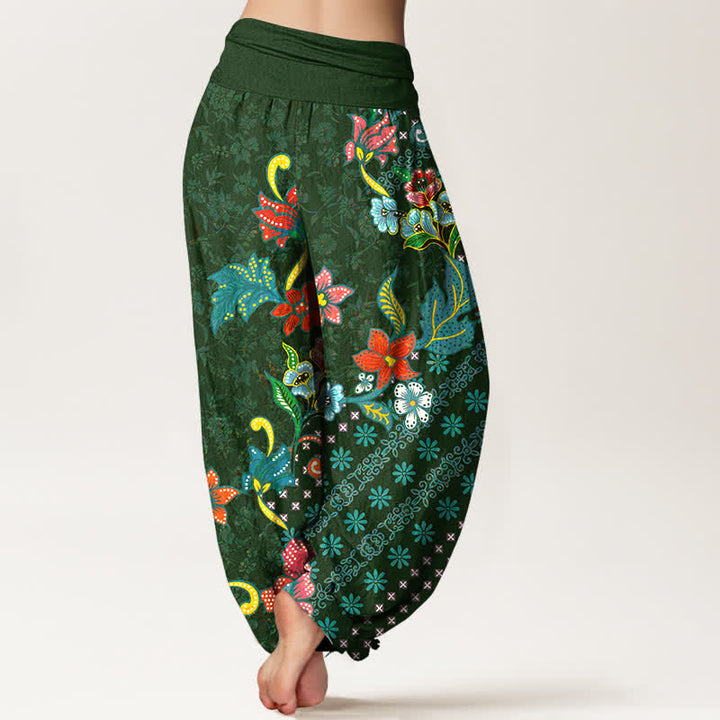 Buddha Stones Pantalones harem de algodón puro con estampado floral bohemio y cintura elástica para mujer. - image 1