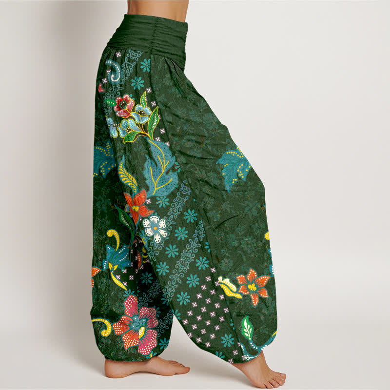 Buddha Stones Pantalones harem de algodón puro con estampado floral bohemio y cintura elástica para mujer. - image 2