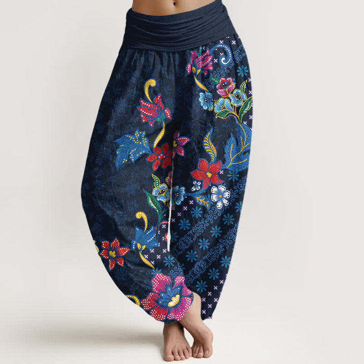 Buddha Stones Pantalones harem de algodón puro con estampado floral bohemio y cintura elástica para mujer. - Marina de guerra - US16，UK/AU20，EU48 (3XL) - image 5