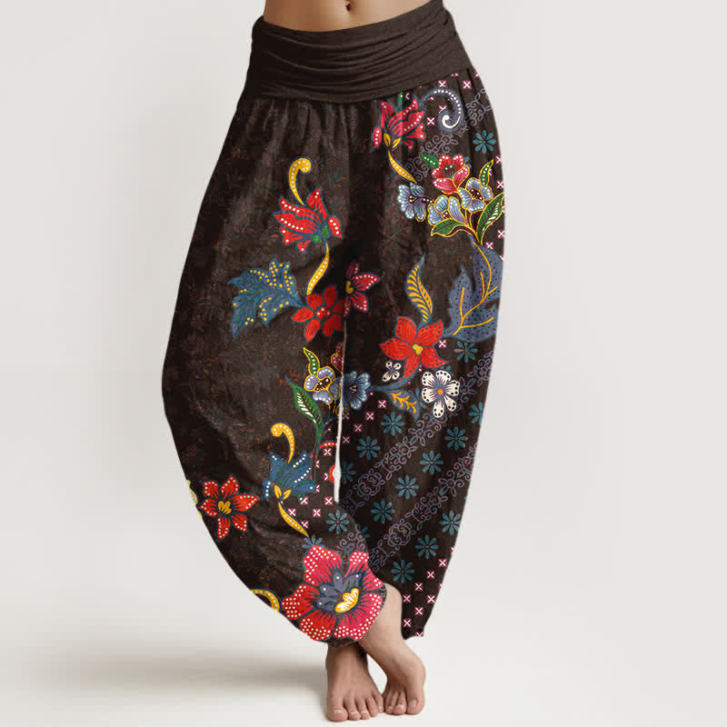 Buddha Stones Pantalones harem de algodón puro con estampado floral bohemio y cintura elástica para mujer. - Marrón silla de montar - US16，UK/AU20，EU48 (3XL) - image 8