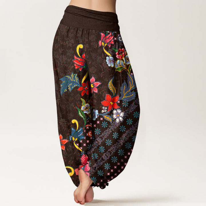 Buddha Stones Pantalones harem de algodón puro con estampado floral bohemio y cintura elástica para mujer. - image 9