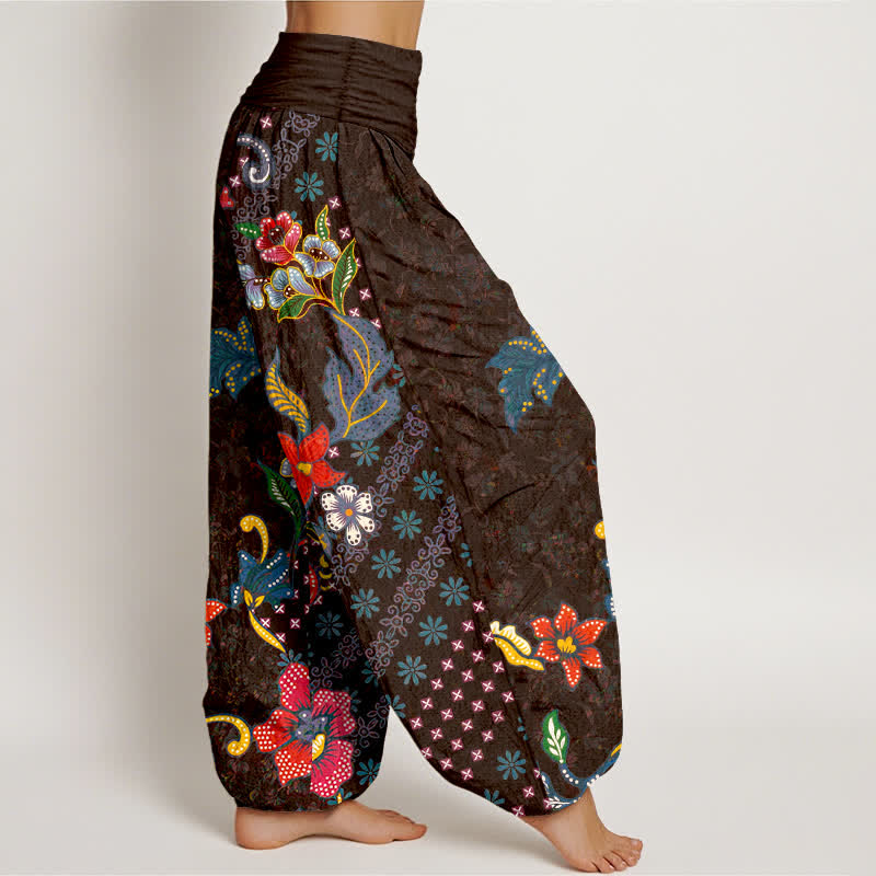Buddha Stones Pantalones harem de algodón puro con estampado floral bohemio y cintura elástica para mujer. - image 10