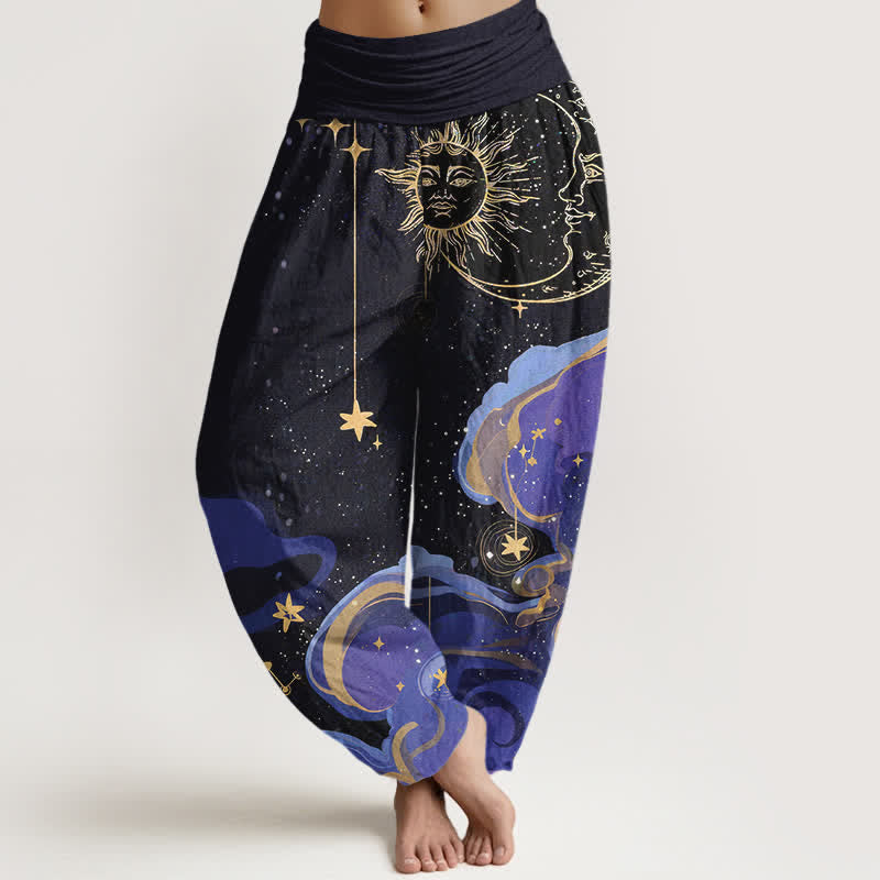 Buddha Stones Pantalones harem de algodón con estampado de sol celestial, luna y estrellas para mujer, con cintura elástica. - Negro - US16，UK/AU20，EU48 (3XL) - image 0
