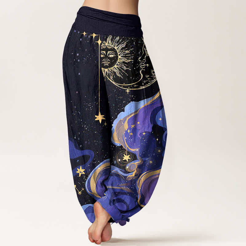 Buddha Stones Pantalones harem de algodón con estampado de sol celestial, luna y estrellas para mujer, con cintura elástica. - image 1