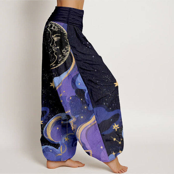 Buddha Stones Pantalones harem de algodón con estampado de sol celestial, luna y estrellas para mujer, con cintura elástica. - image 2