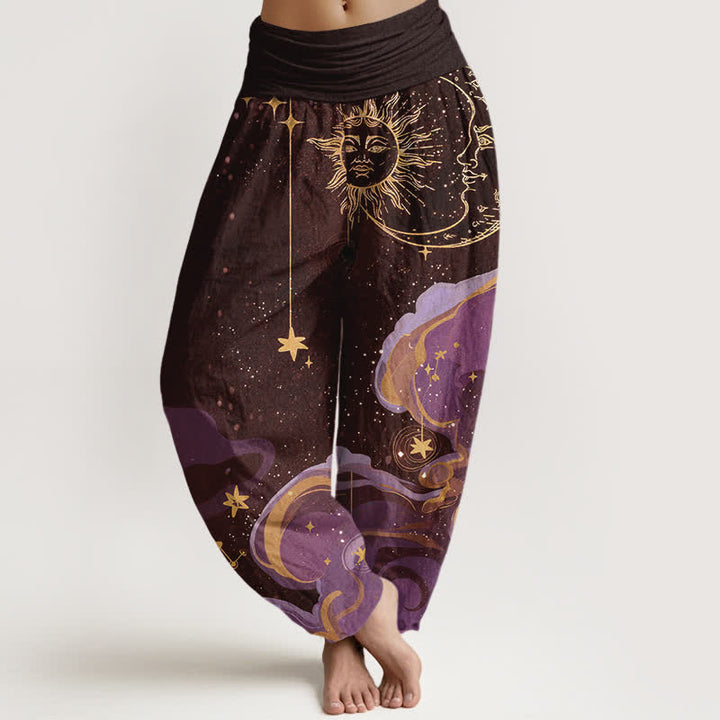 Buddha Stones Pantalones harem de algodón con estampado de sol celestial, luna y estrellas para mujer, con cintura elástica. - Marrón silla de montar - US16，UK/AU20，EU48 (3XL) - image 5