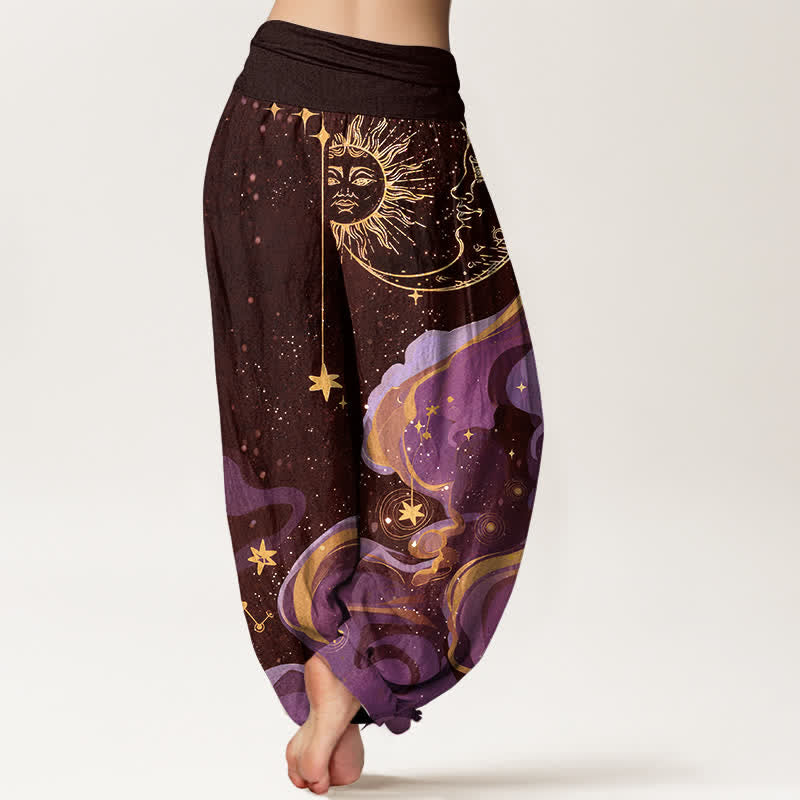Buddha Stones Pantalones harem de algodón con estampado de sol celestial, luna y estrellas para mujer, con cintura elástica. - image 6