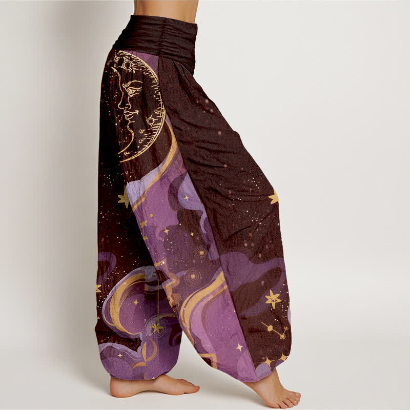 Buddha Stones Pantalones harem de algodón con estampado de sol celestial, luna y estrellas para mujer, con cintura elástica. - image 7
