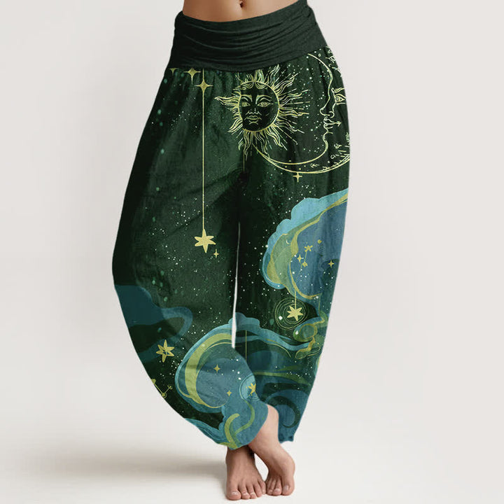 Buddha Stones Pantalones harem de algodón con estampado de sol celestial, luna y estrellas para mujer, con cintura elástica. - Verde oscuro - US16，UK/AU20，EU48 (3XL) - image 8